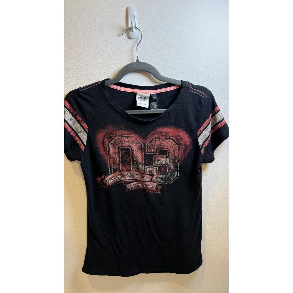 Harley-Davidson Womens 03 Heart Graphic T-Shirt Black Rhinestone Medium USA Made